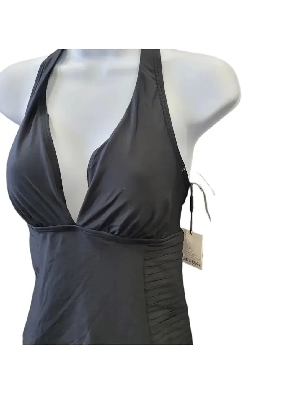 CALVIN Klein Women's Halter Top Pleated One Piece Swimsuit with Removable Cups